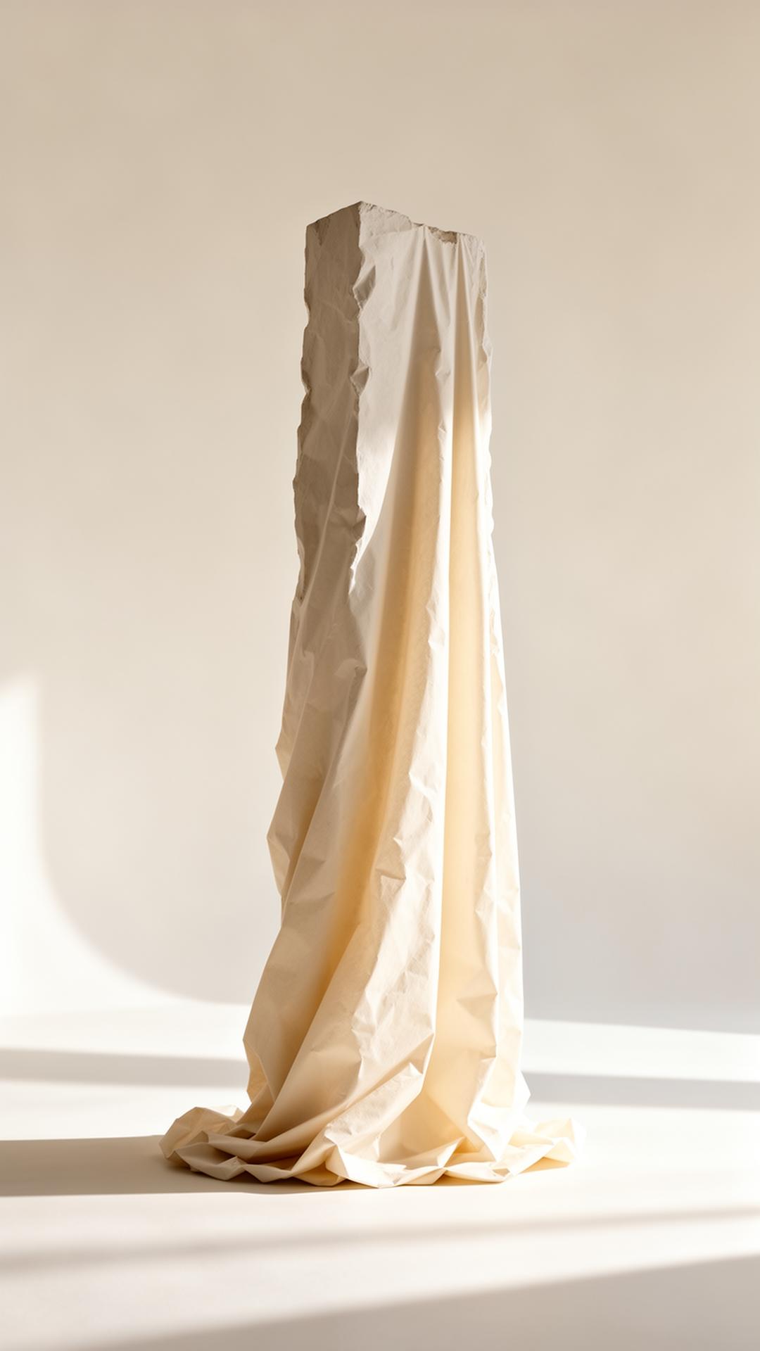 Pale draped paper monolith in an off-white void
